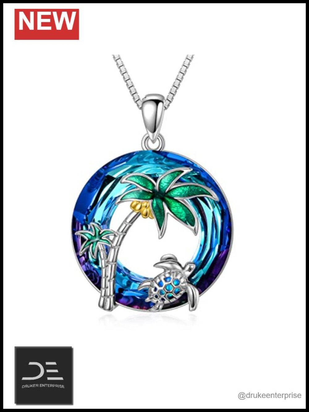 Sea Turtle Pendant Necklace Sterling Silver Ocean Palm Tree Gift